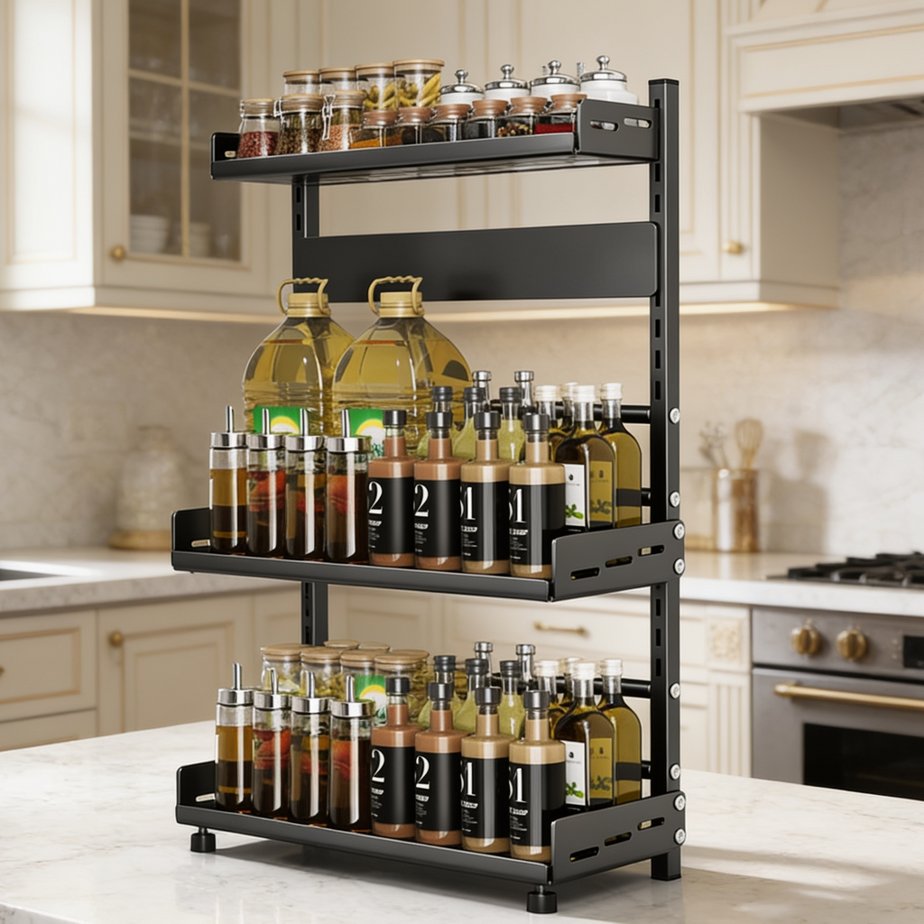 Countertop rack holding oil bottles and spice jars beside a stove