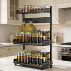 Countertop rack holding oil bottles and spice jars beside a stove