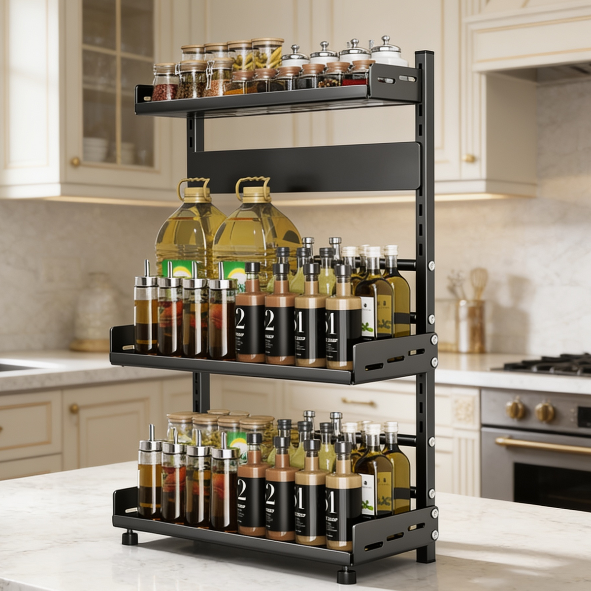 Countertop rack holding oil bottles and spice jars beside a stove