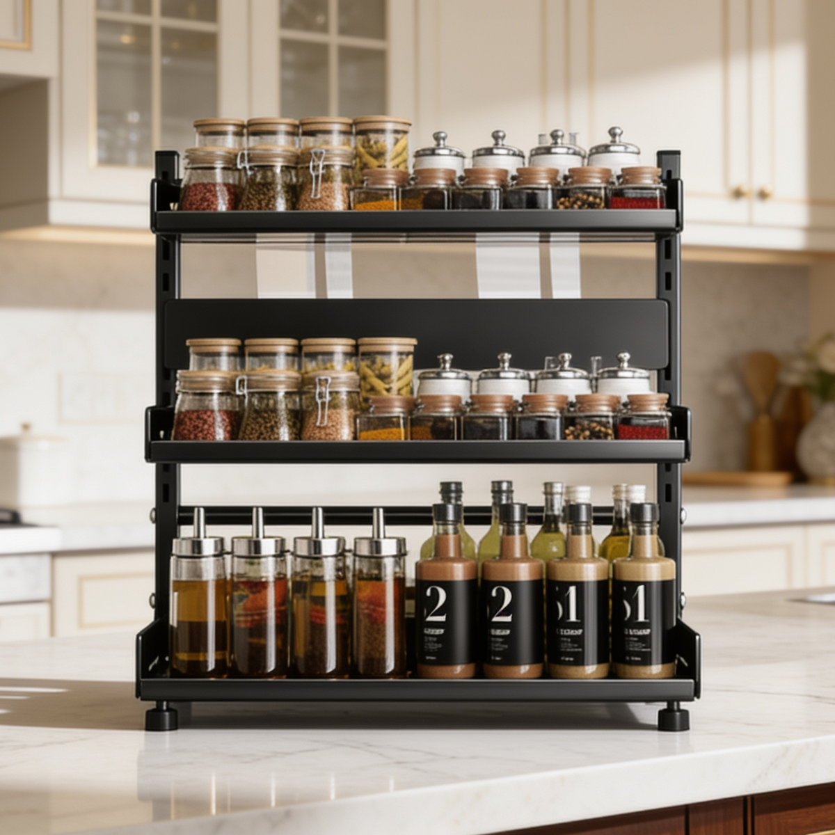 Spice rack packed with matching jars against a white tiled backsplash