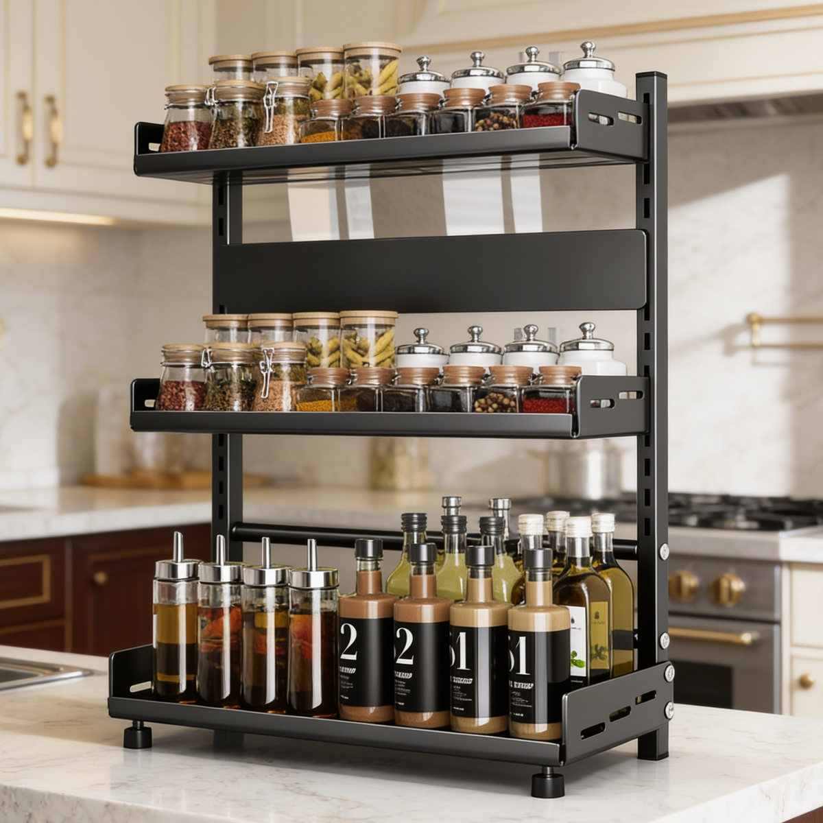 Black three tier spice rack filled with jars and bottles on a countertop