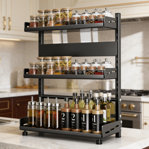 Black three tier spice rack filled with jars and bottles on a countertop