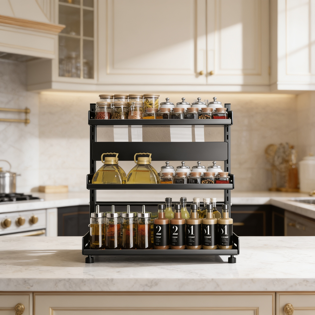 Three tier rack with a few spice jars on a bright kitchen counter