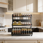 Three tier rack with a few spice jars on a bright kitchen counter
