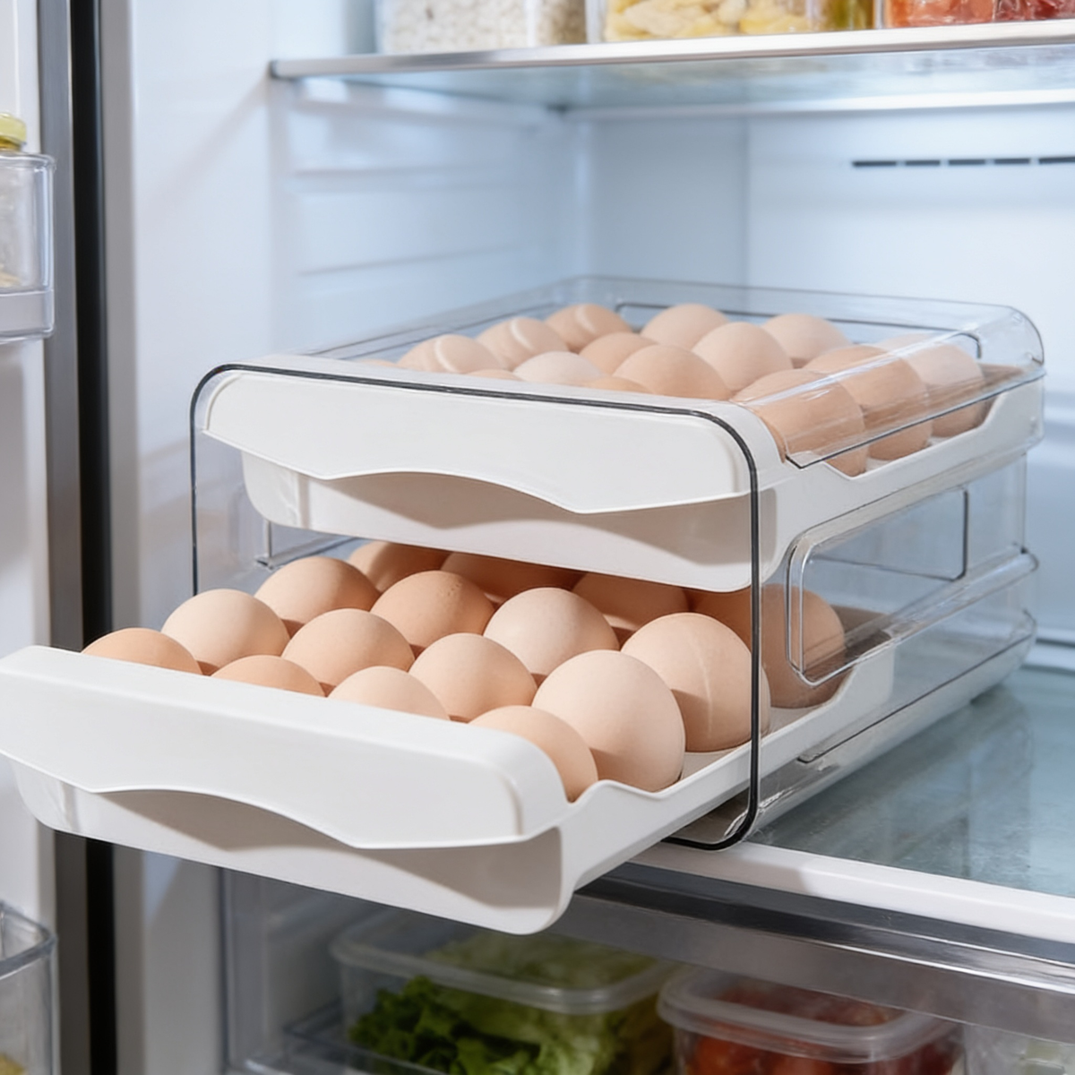 Egg box with the lower drawer pulled open showing rows of brown eggs