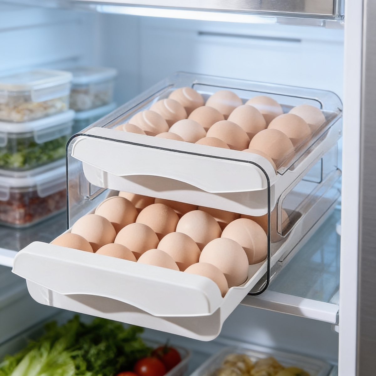 Clear two tier egg drawer holding brown eggs on a refrigerator shelf