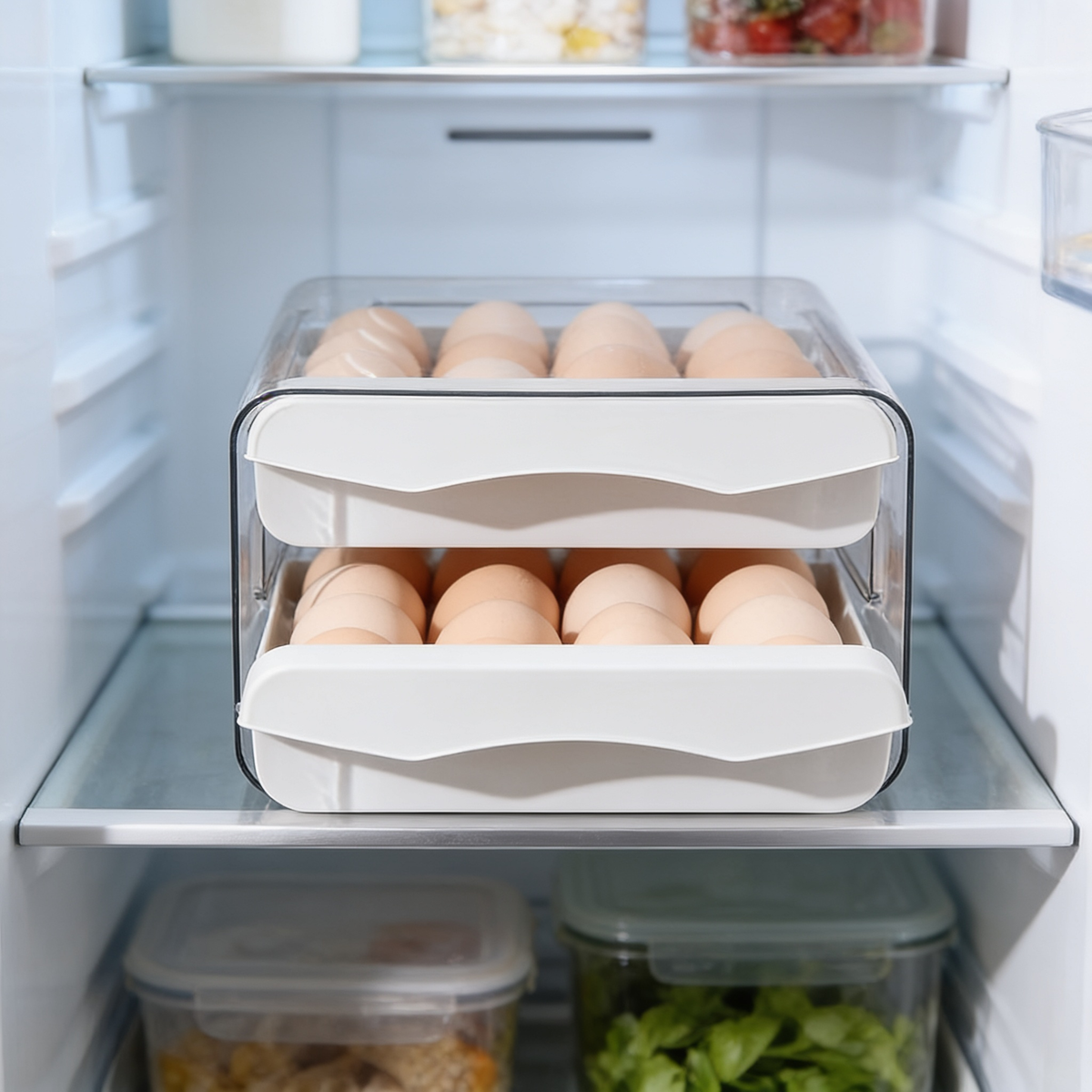 Stacked egg storage box filled with eggs beside containers in a fridge