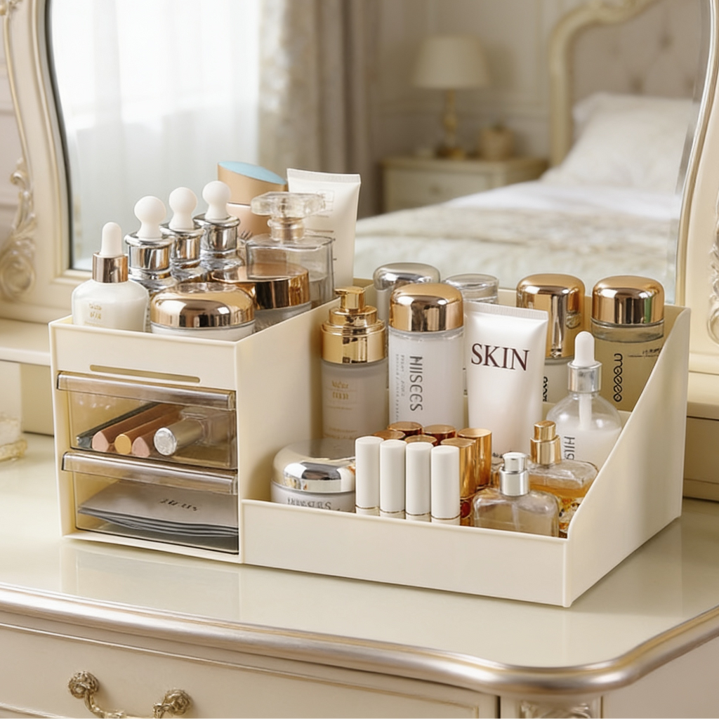 Cream tiered makeup organizer holding skincare bottles on a bedroom vanity