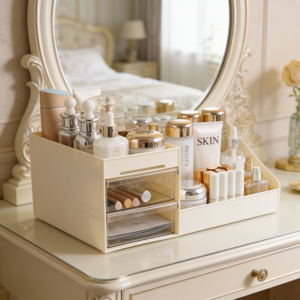Stepped cosmetics organizer filled with jars in front of a round vanity mirror