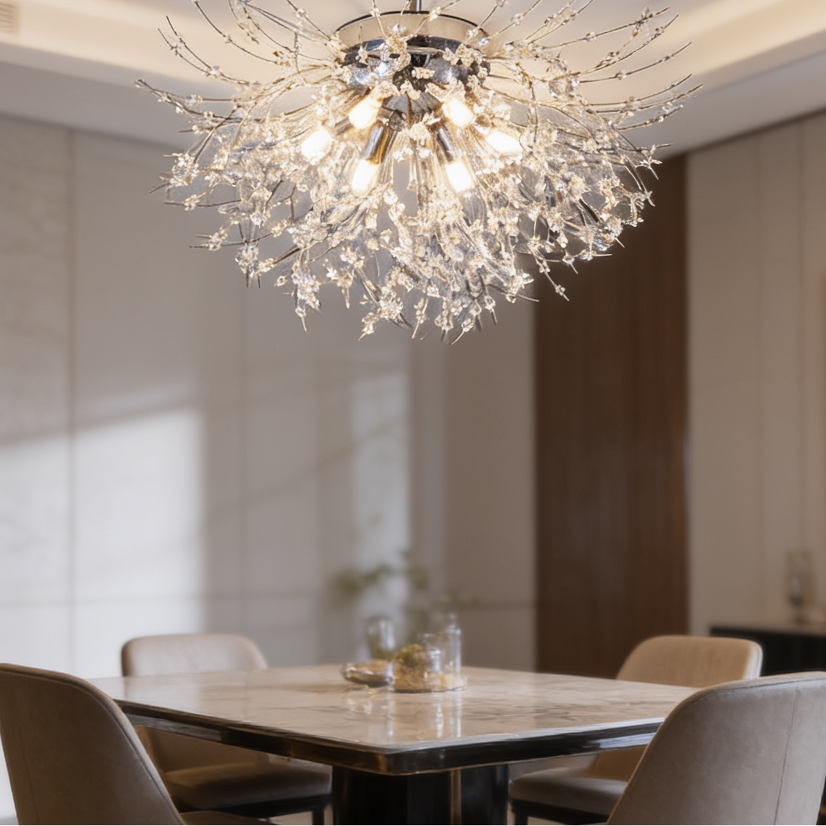 Close view of the clear beaded spray fixture flush against a white ceiling