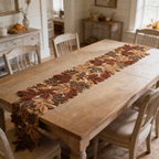 Leaf shaped table runner laid across a wood table in front of a cabinet