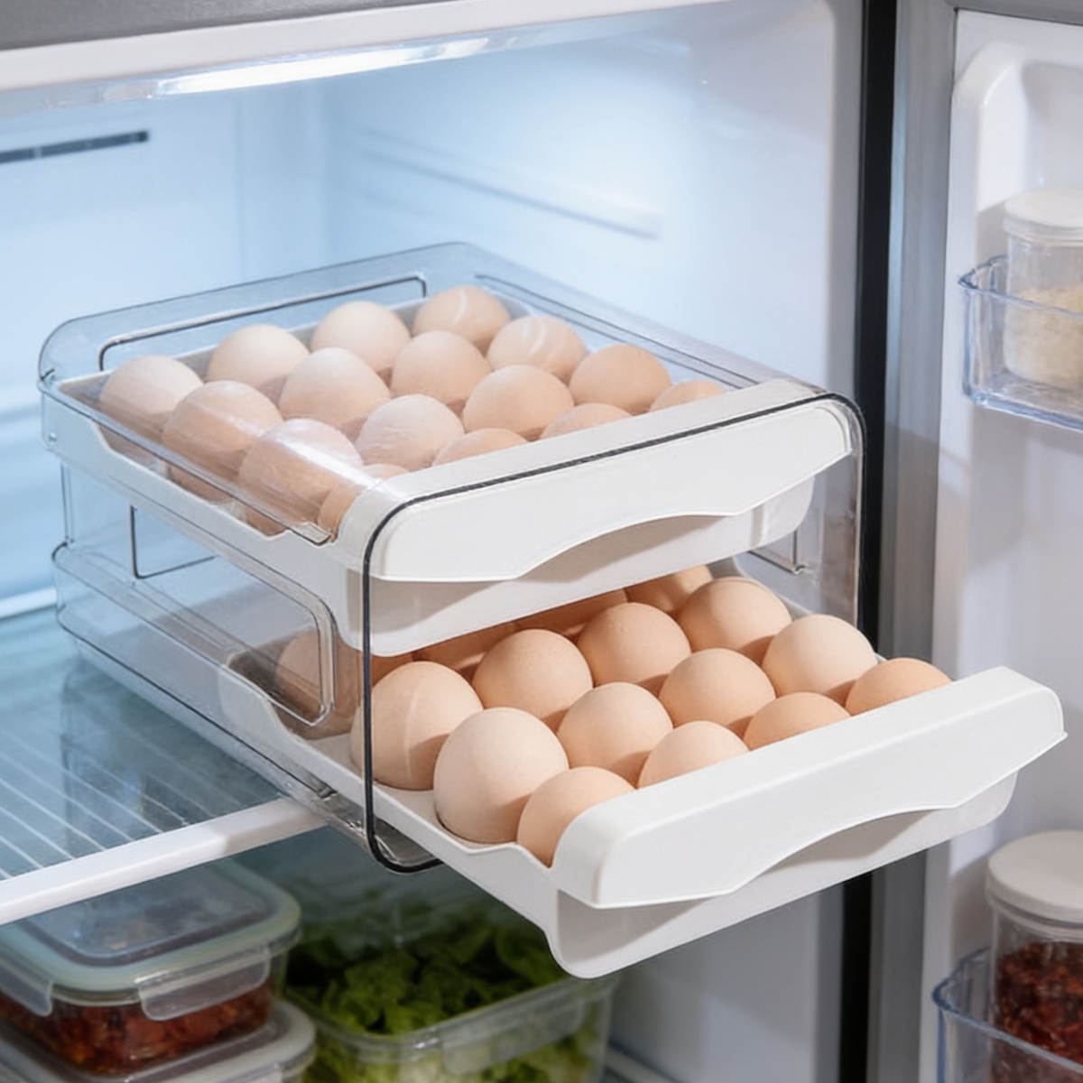 Egg organizer with the upper tray sliding out inside a refrigerator