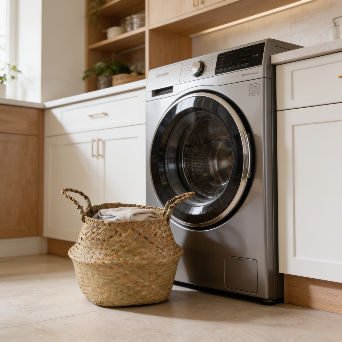 Two seagrass belly baskets standing in a laundry room by the washer