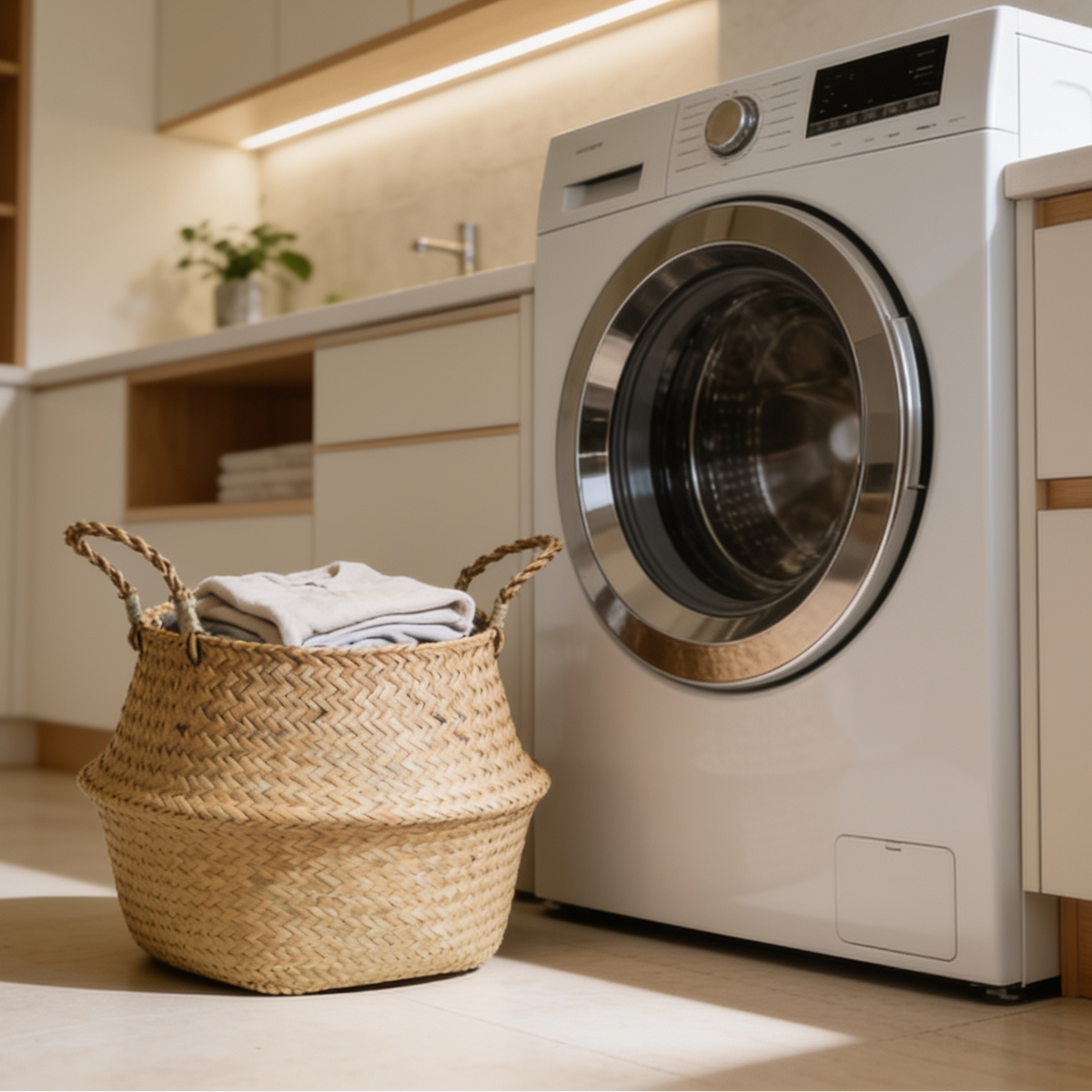 Seagrass belly basket of laundry beside a front loading washer