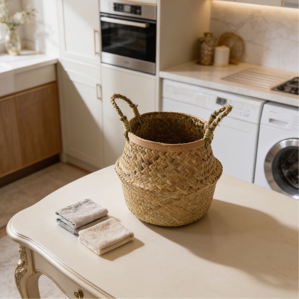 Seagrass belly basket on a laundry floor beside folded towels