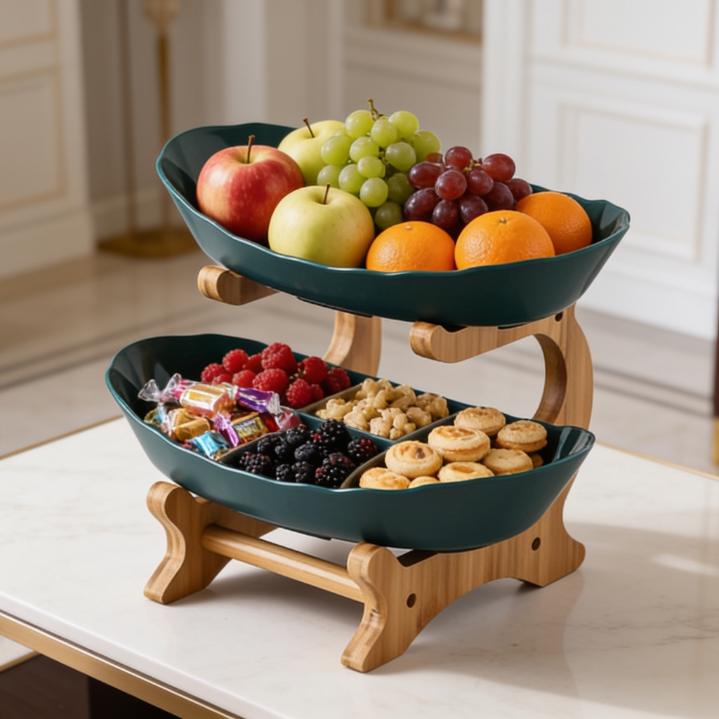 Dark green two tier oval plates on a wood stand filled with fruit and snacks