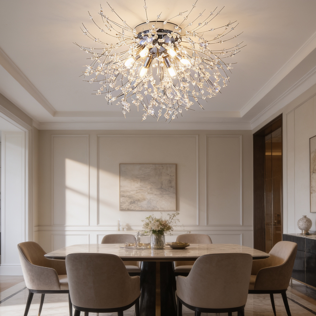 Silver crystal dandelion ceiling light glowing above a round dining table and beige chairs