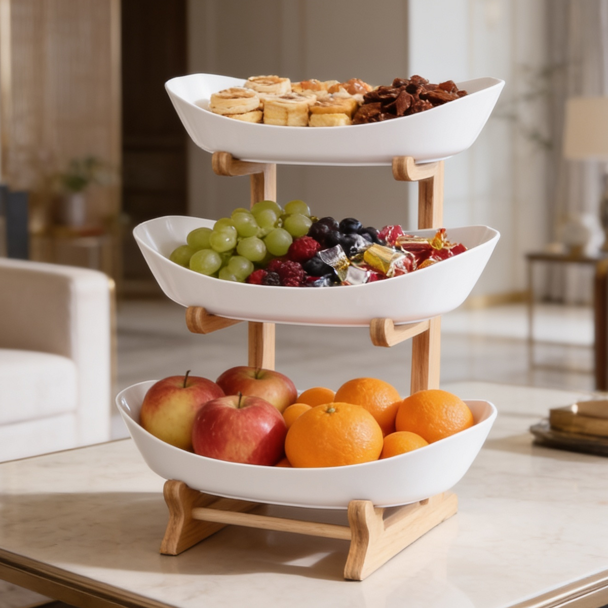 Two tier white oval serving stand on a wooden frame holding grapes, apples and oranges