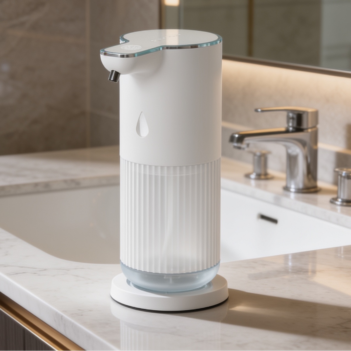Ribbed dispenser on its round base at the edge of a bathroom sink