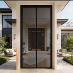 Mesh insect screen fitted across a tall entry door facing a courtyard