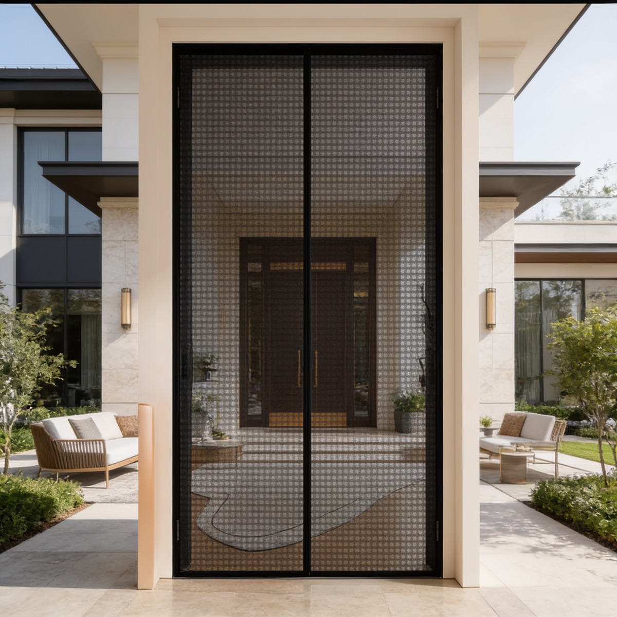 Mesh insect screen fitted across a tall entry door facing a courtyard