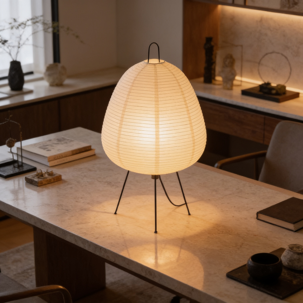 Rice paper dome lamp glowing on a wooden dining table in a dim kitchen