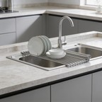Over the sink drying rack holding plates upright beside a faucet