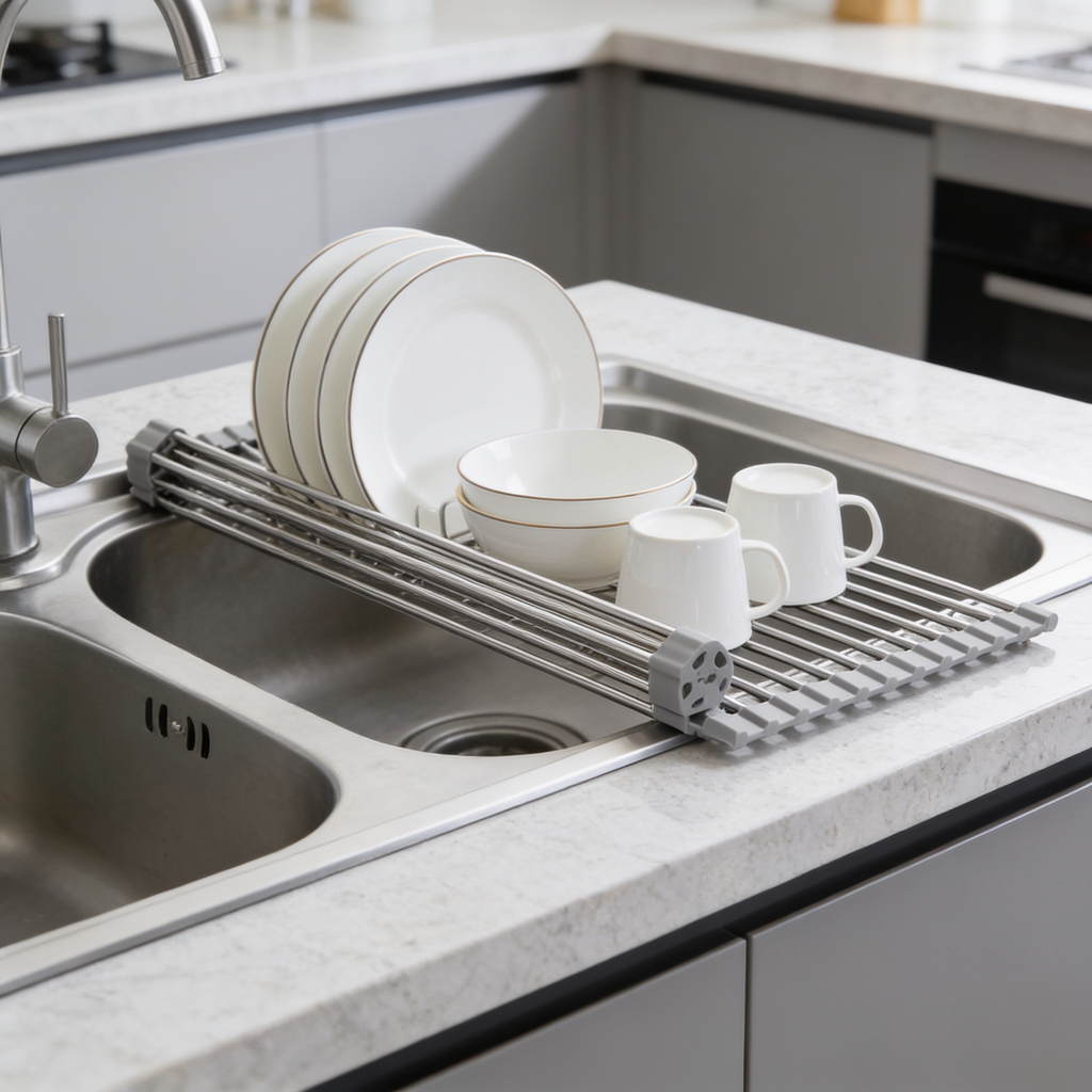 Roll up rack over a sink drying a stack of plates, a bowl and a cup