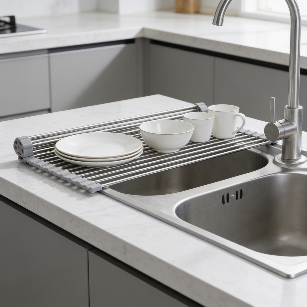 Stainless roll up drying rack laid over a sink with plates and a mug