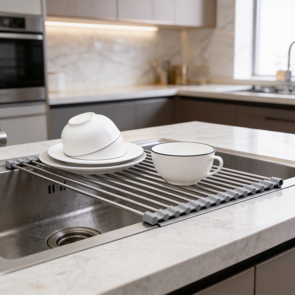 Drying rack spanning a corner sink with a bowl and mug on top
