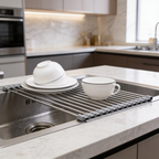 Drying rack spanning a corner sink with a bowl and mug on top