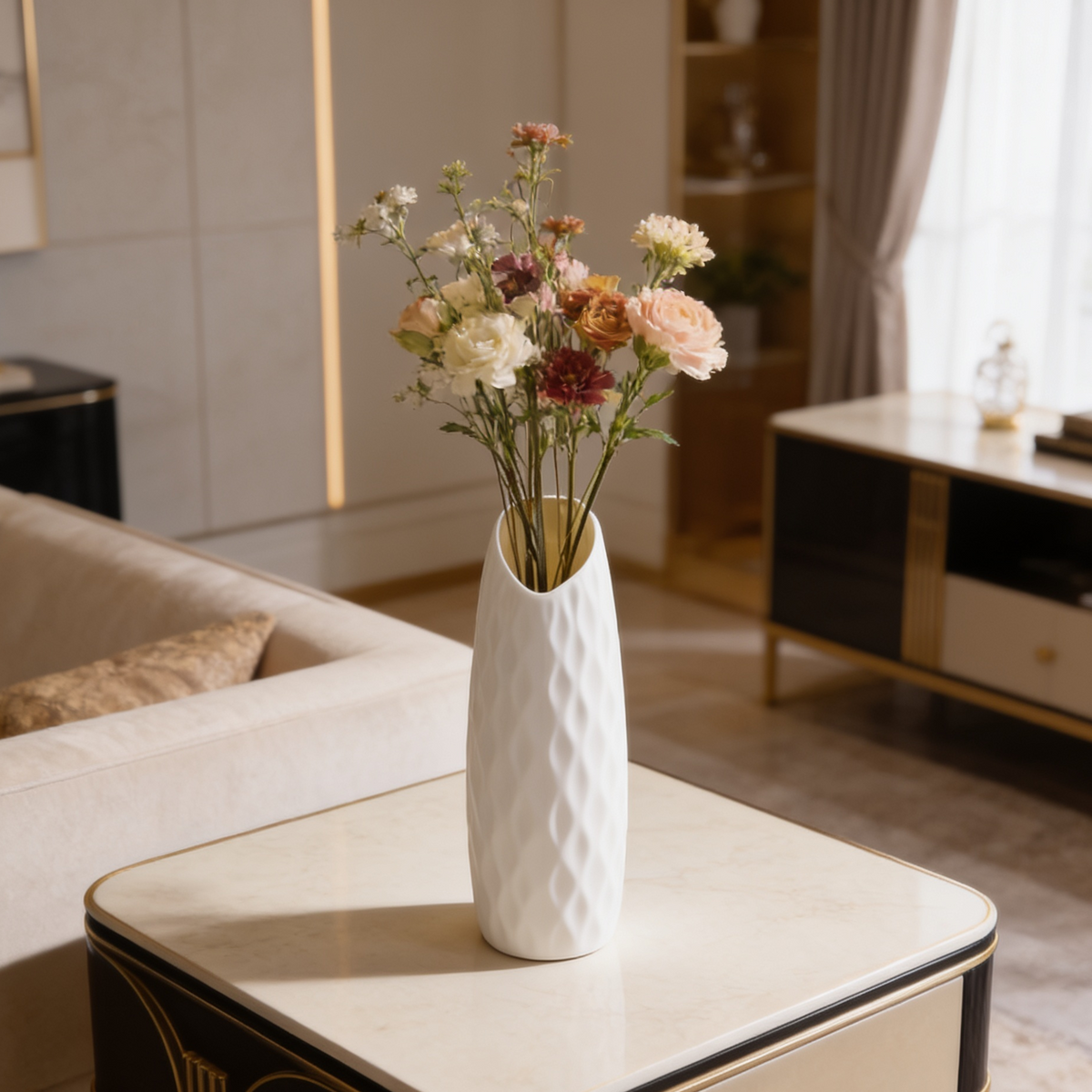 White textured vase holding dried blooms on a round side table