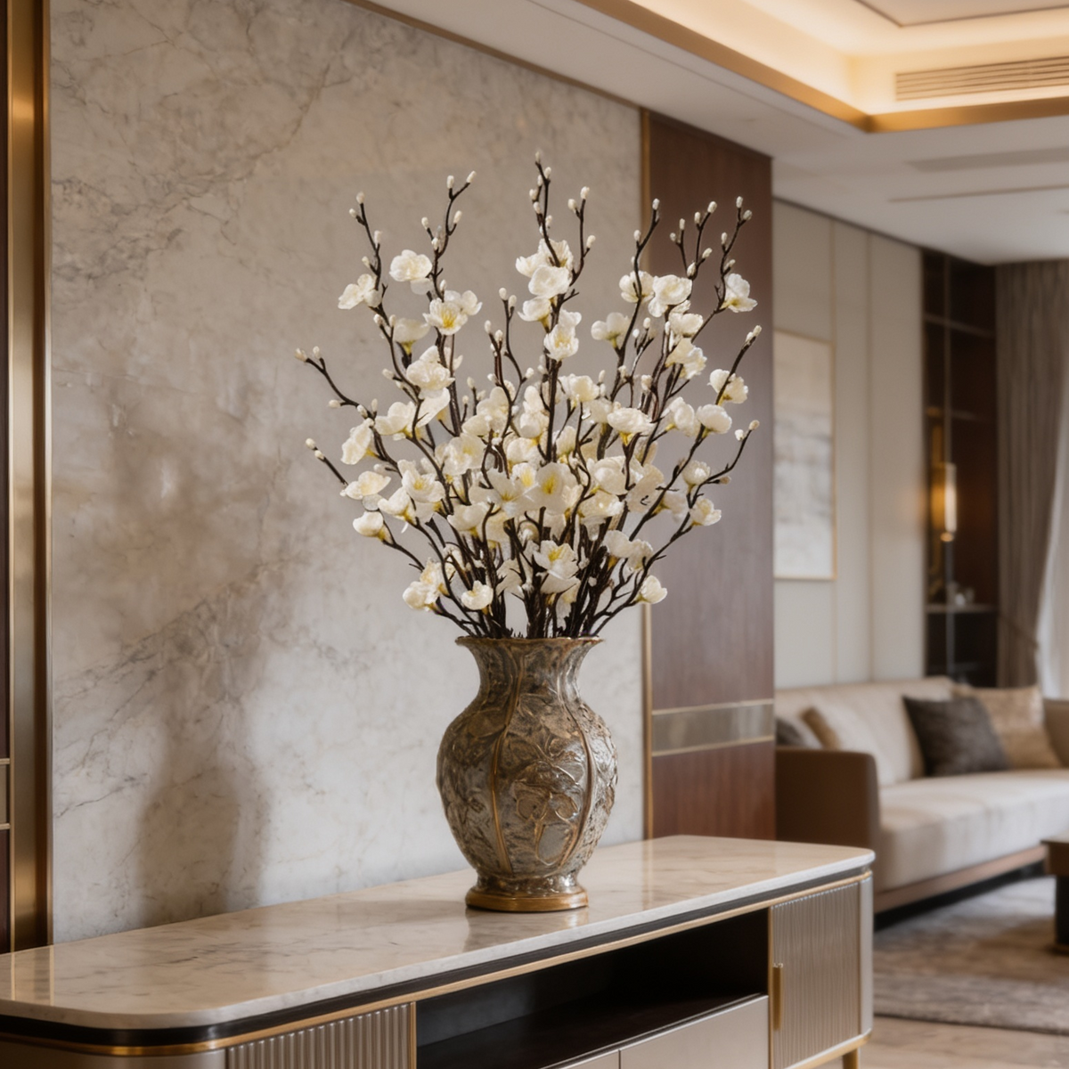 White plum blossom stems in a stone vase on a console in a living room