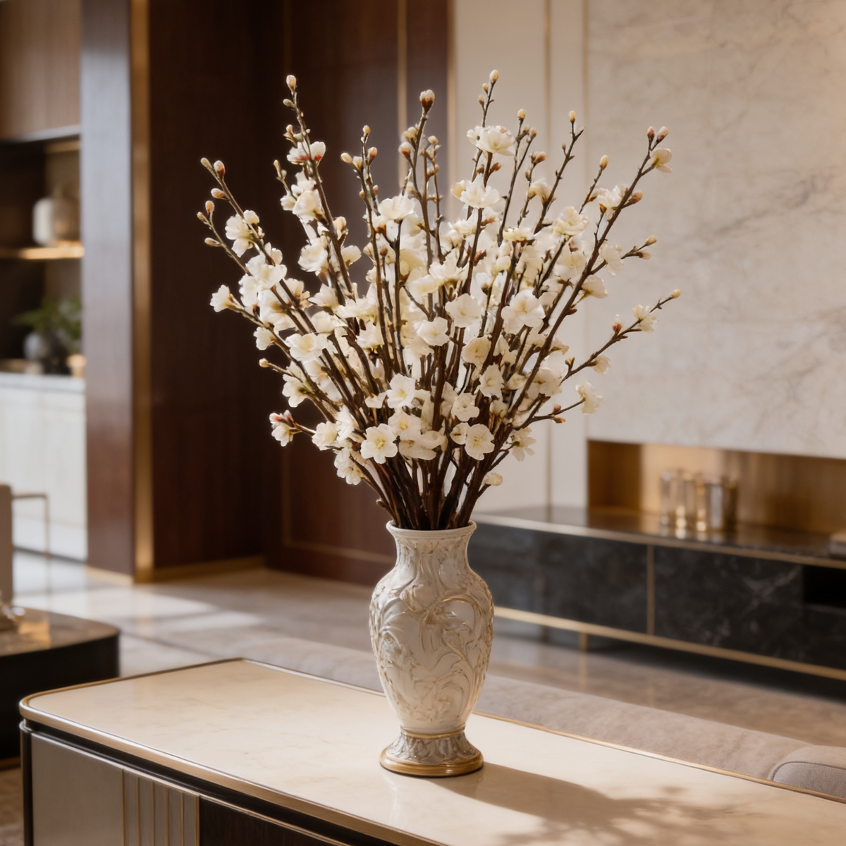 Faux blossom branches in a textured vase on a mantel beside a fireplace