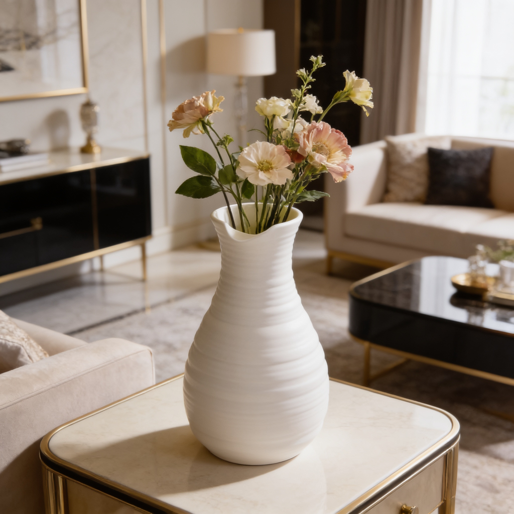 White ribbed vase of pink roses on a side table in a living room