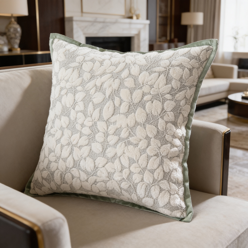 Ivory chenille pillow cover with outlined leaves, style 05