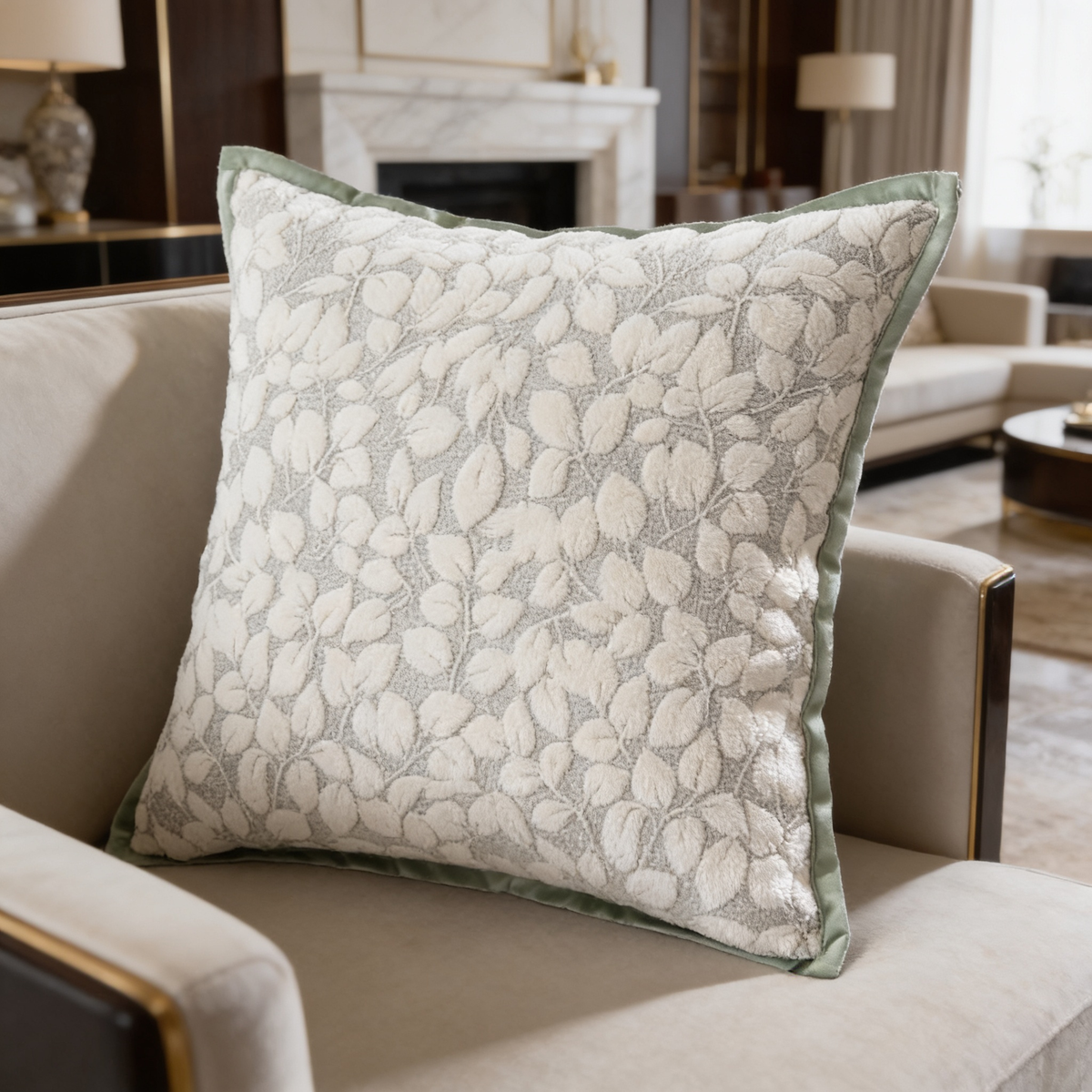 Ivory chenille pillow cover with outlined leaves, style 05