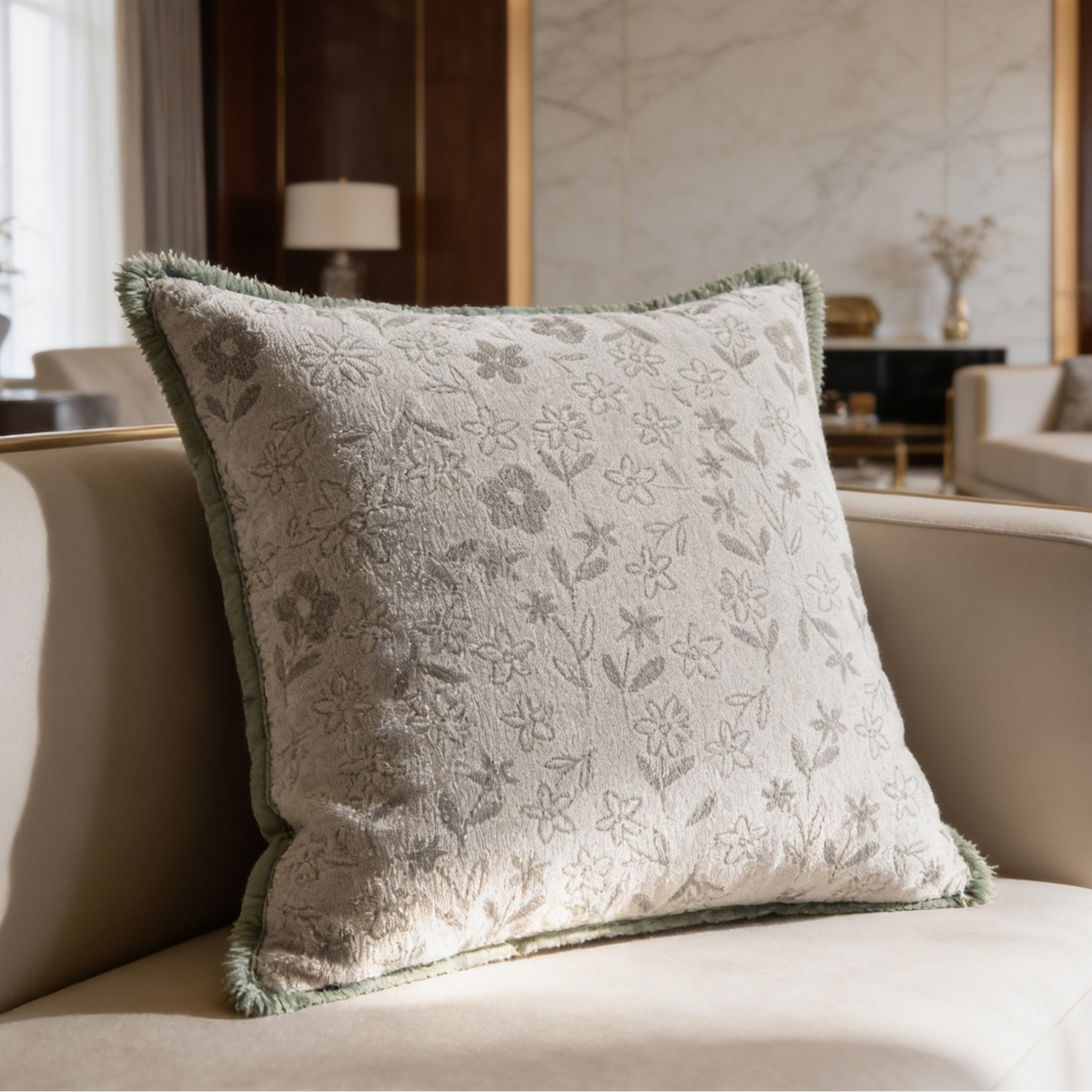 Pale sage jacquard pillow with a subtle floral weave propped on a beige sofa