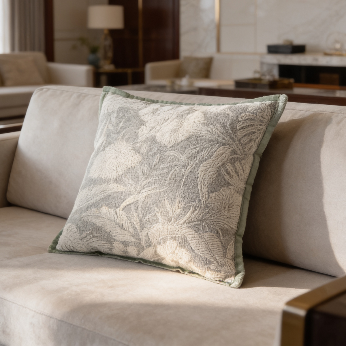 Pale sage cushion woven with large tropical leaves, propped against a sofa back