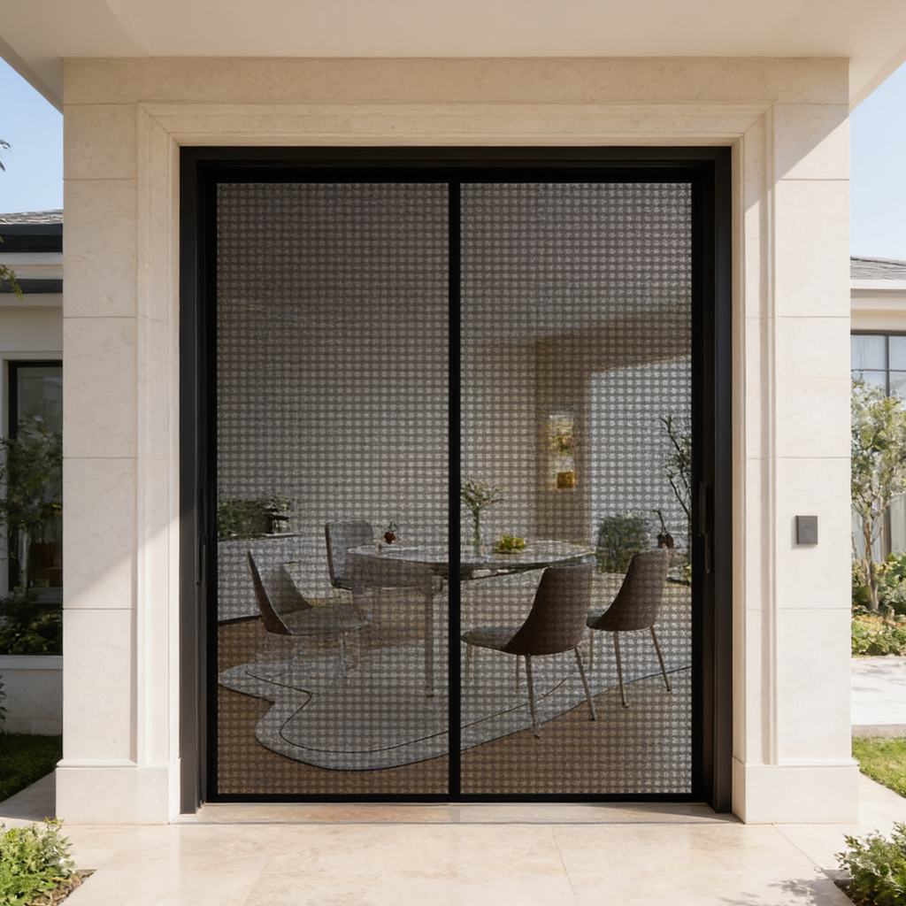 Black mesh screen curtain hanging in a patio doorway with seating beyond