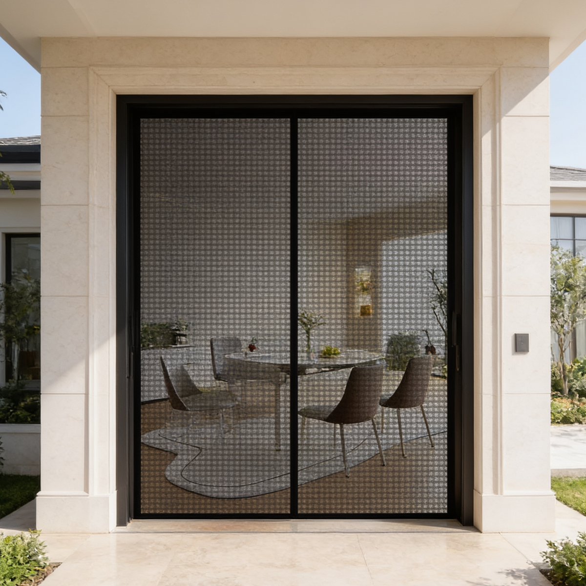 Black mesh screen curtain hanging in a patio doorway with seating beyond