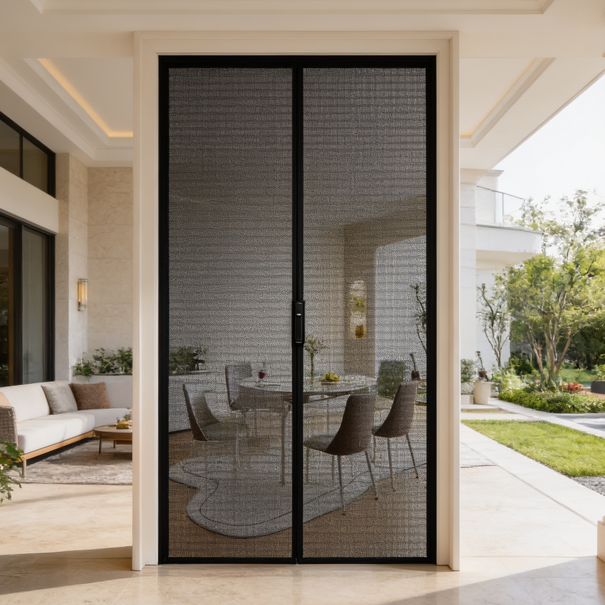 Magnetic door screen seen from inside looking out to a sunlit patio