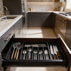 Open drawer with a black organizer full of silverware in a corner kitchen