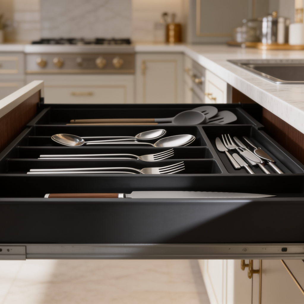 Overhead close view of forks, knives and spoons in their tray slots