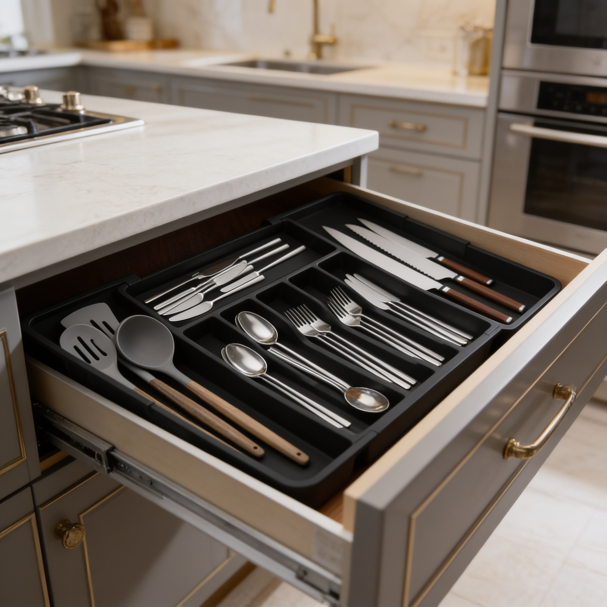 Drawer pulled open on a black silverware organizer under a marble countertop