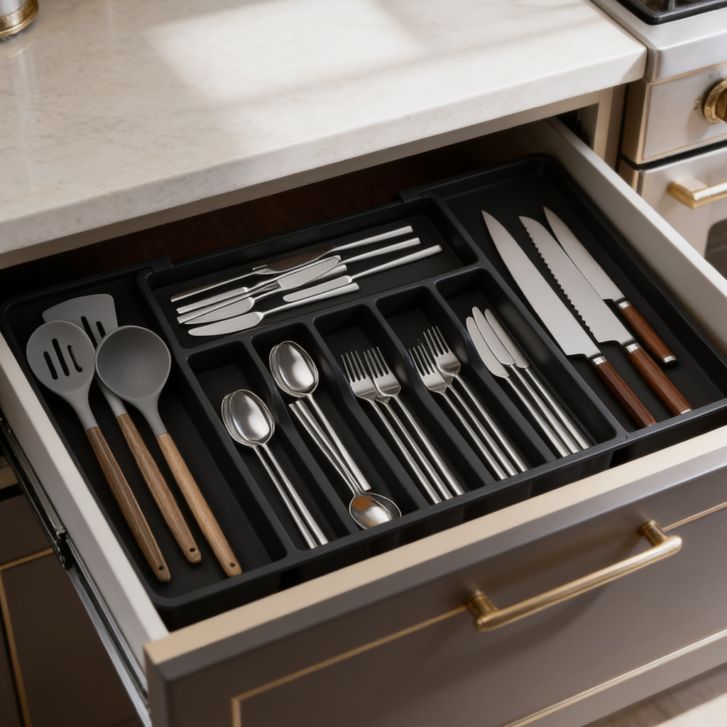 Black divided silverware tray in an open kitchen drawer sorted by utensil