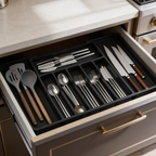 Black divided silverware tray in an open kitchen drawer sorted by utensil