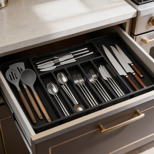 Black divided silverware tray in an open kitchen drawer sorted by utensil