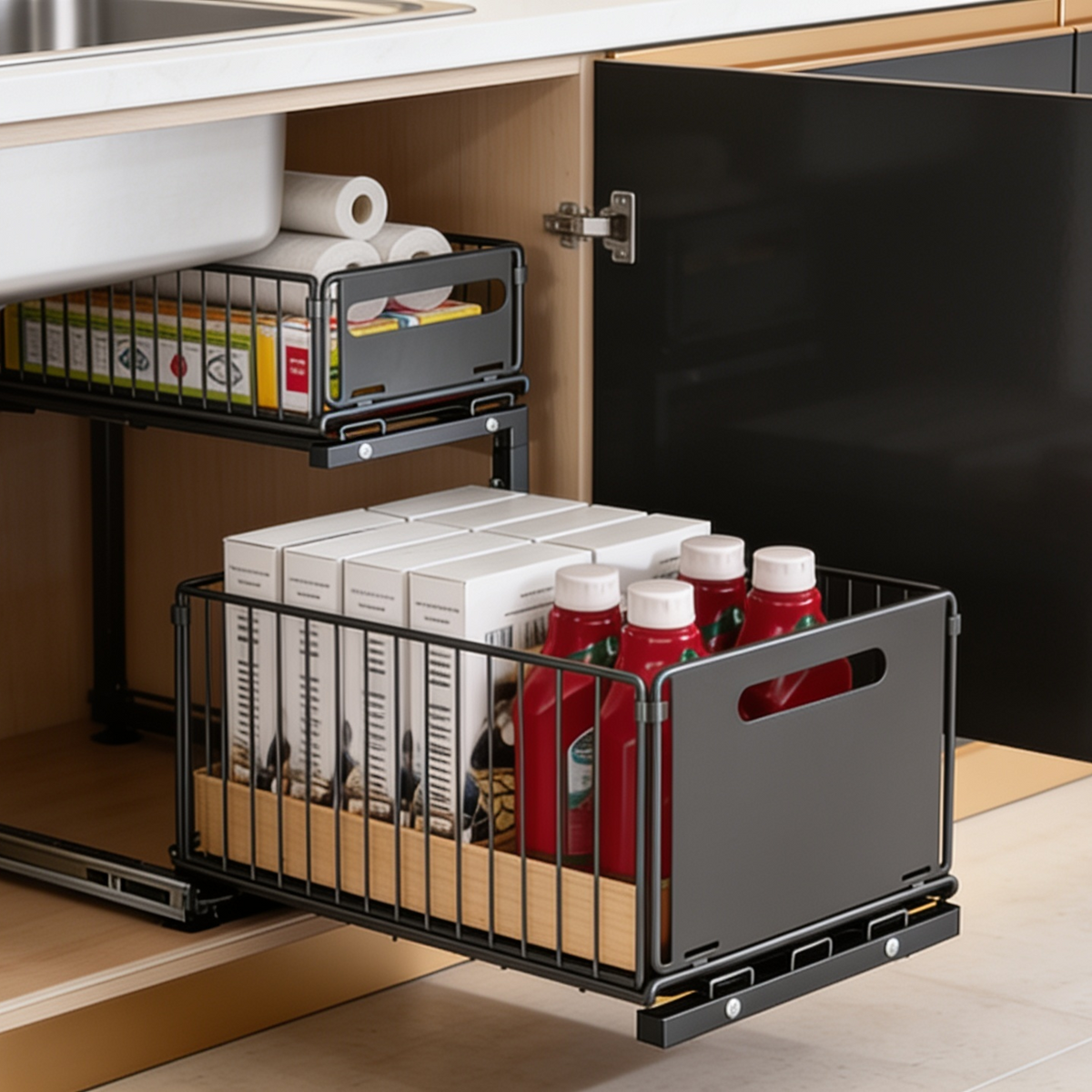 Sliding wire basket rack loaded with red bottles and boxed goods in a wood cabinet