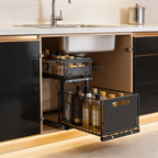 Black two tier sliding rack pulled from an under sink cabinet holding jars and bottles